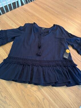 a.n.a Navy Crochet-Trim Ruffle Peasant Top